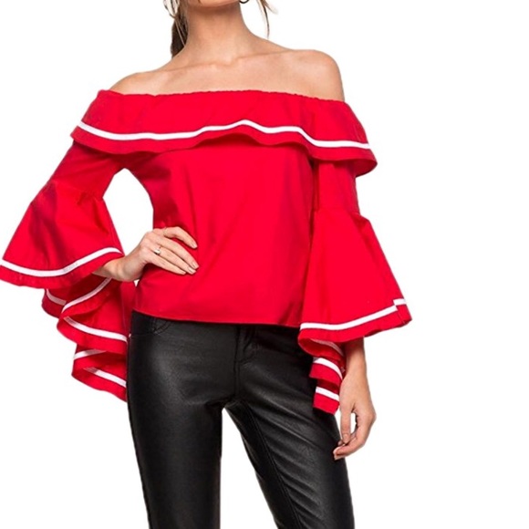 Tops - women off shoulder ruffled sleeve blouse